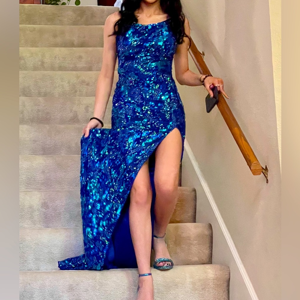 Beautiful blue prom dress, teal and blue sequins.